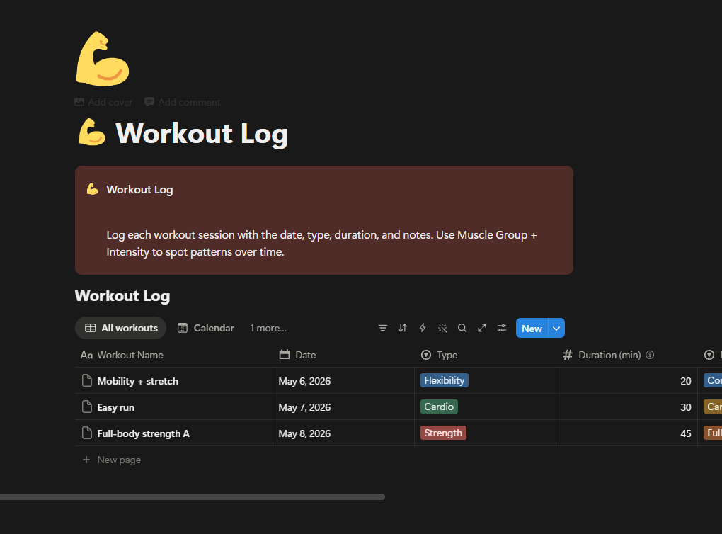 Workout Log — Notion Template